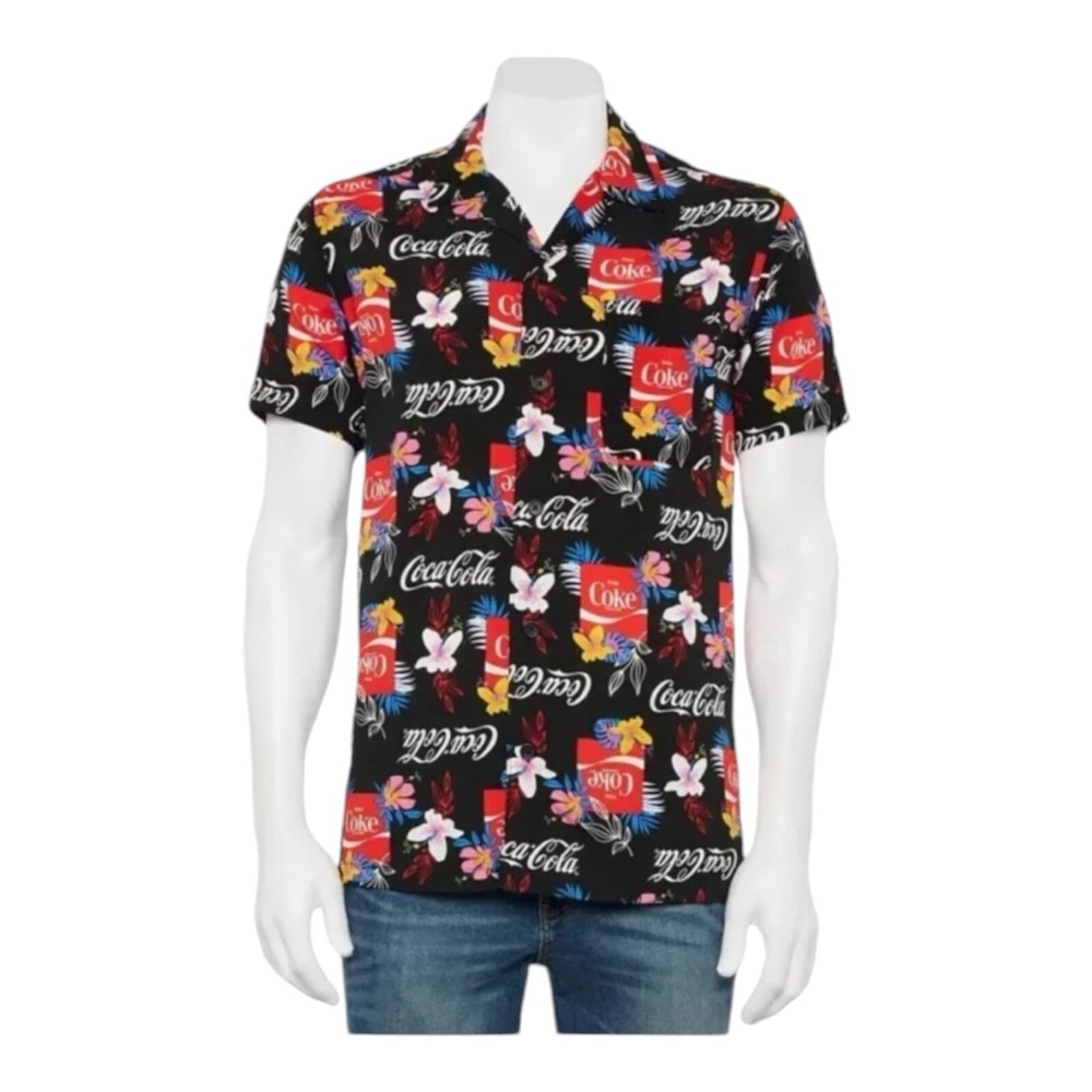 NWT Men's Coca Cola Coke Hawaiian Flowers 100% Rayon Camp Shirt Size XXL